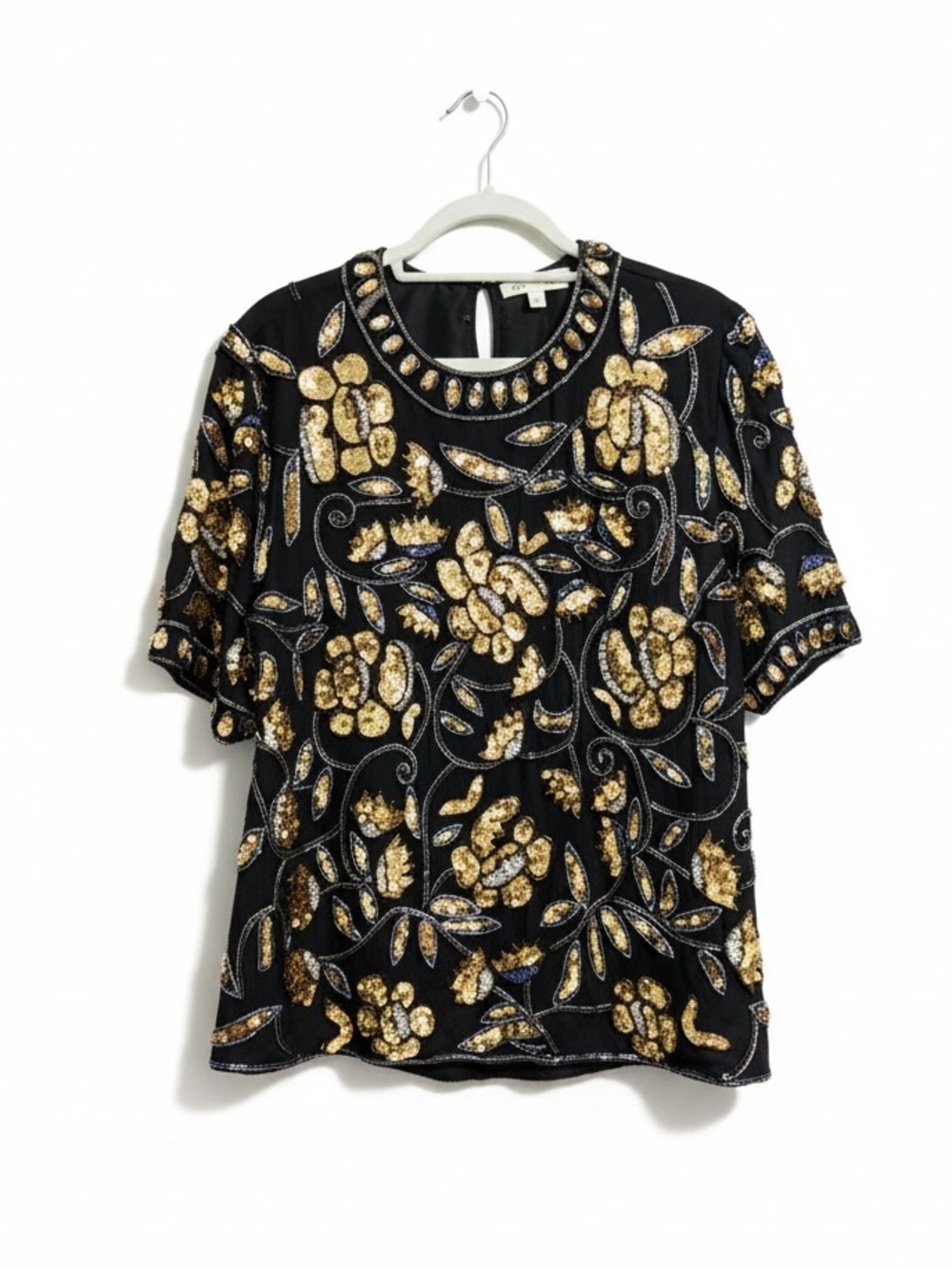 Vintage 100% Silk Black Gold Sequin Beaded Floral Top Blouse L